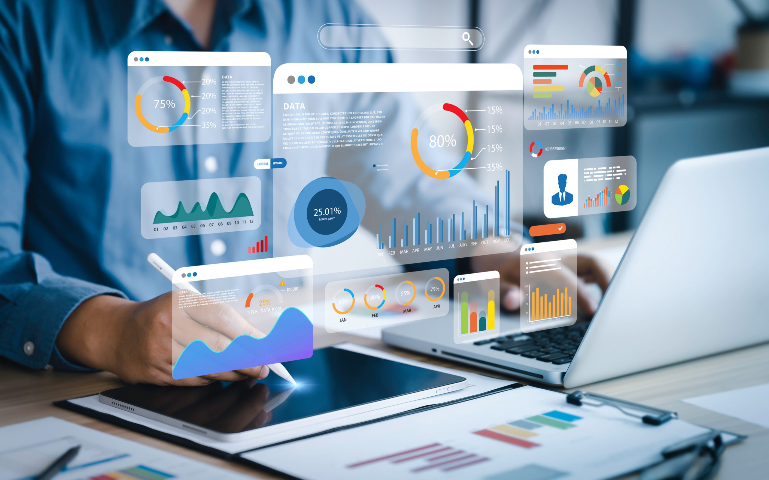 Person working on laptop as Icons and charts are popping out