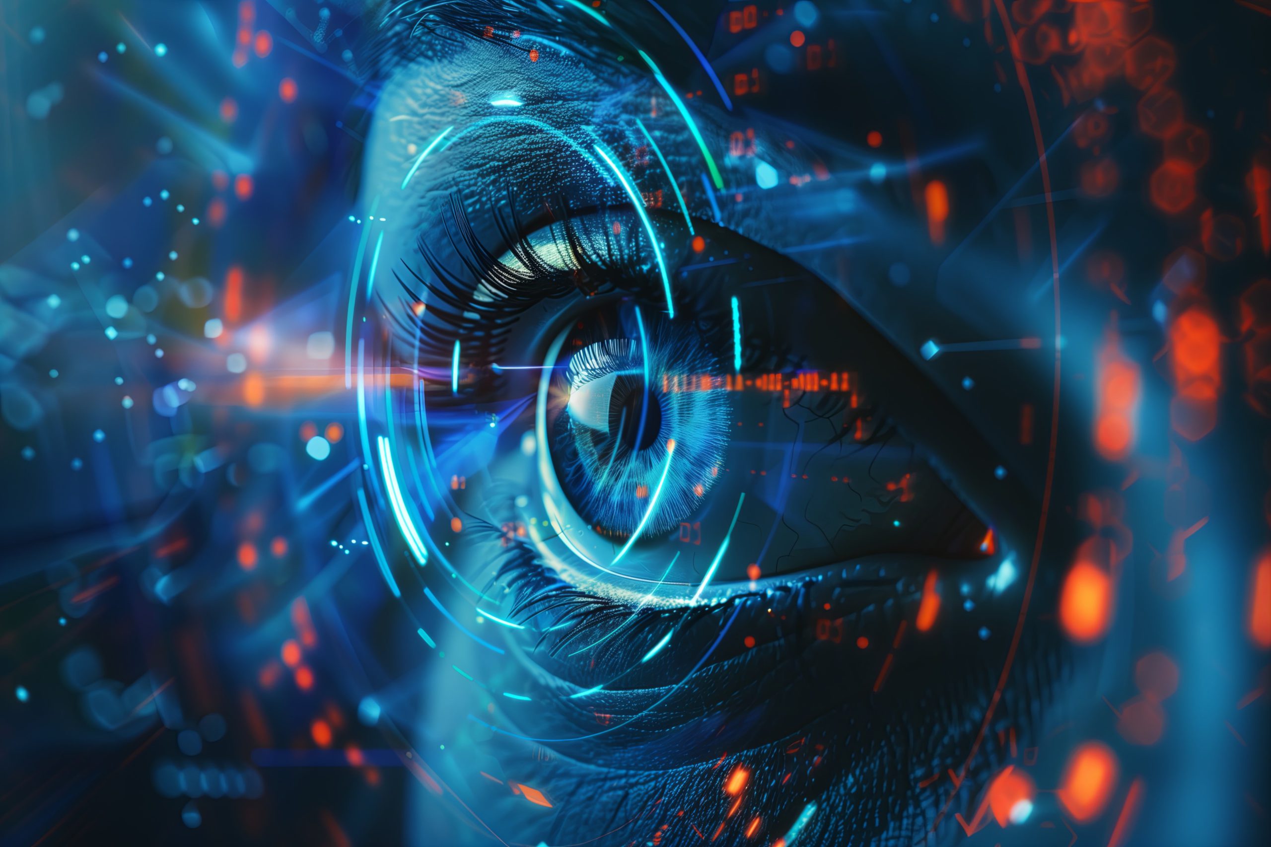 Close up of eye with tech background