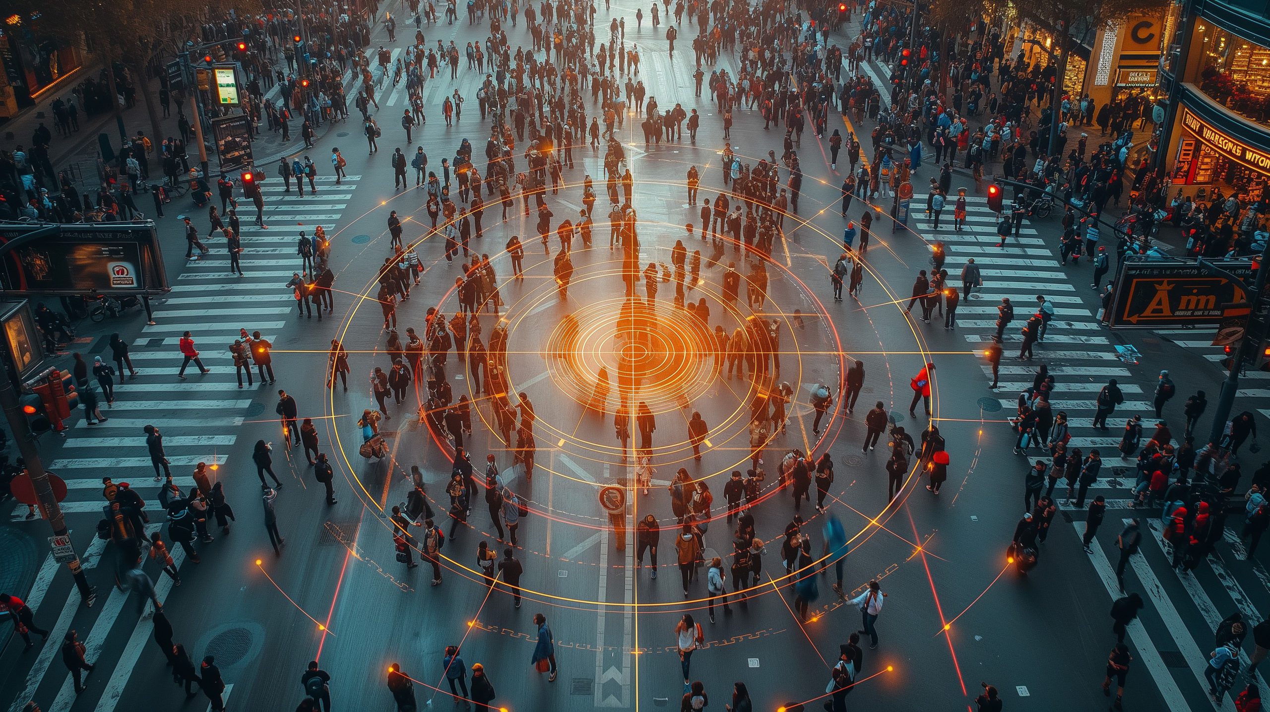 People walking with tech background