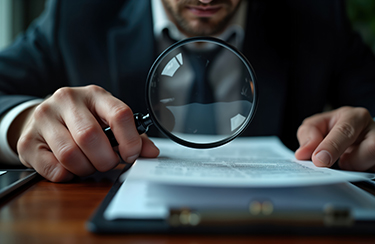 Businessman carefully examines contract details using magnifying glass. Intently reviewing important legal documents. Focused business professional works on important agreement. Analyzing business Businessman carefully examines contract details using magnifying glass. Intently reviewing important legal documents. Focused business professional works, on important agreement. Analyzing business