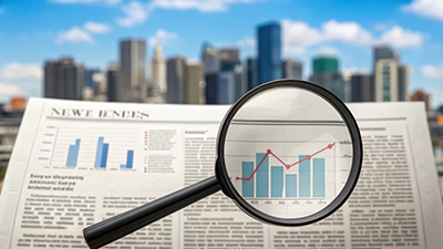 magnifying glass focuses on newspaper with housing market graphs, city skyline in background A magnifying glass focuses on newspaper with housing market graphs, city skyline in background