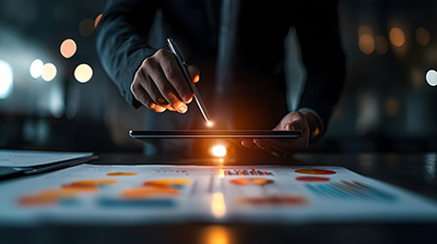 Businessman Analyzing Data on Tablet at Night Businessman Analyzing Data on Tablet at Night