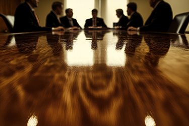 Business meeting in progress. Silhouettes of men in suits seated around a polished wooden conference table. Low-angle view emphasizing the table's surface Business meeting in progress. Silhouettes of men in suits seated around a polished wooden conference table. Low-angle view emphasizing the table's surface
