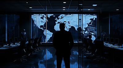 Silhouette of a man standing before a large screen displaying data Silhouette of a man standing before a large screen displaying data