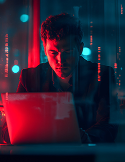 Man working on laptop at night, neon light Man working on laptop at night, neon light