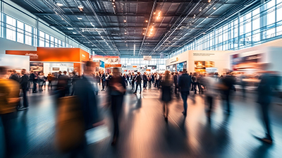 A dynamic scene at a busy trade fair with blurred figures of people A dynamic scene at a busy trade fair with blurred figures of people