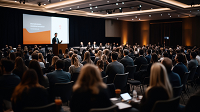 A large audience attending a professional conference in a modern conference room with a speaker at a podium and a presentation on a screen. A large audience attending a professional conference in a modern conference room with a speaker at a podium and a presentation on a screen.