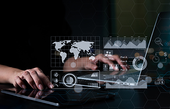 Data science, corporate analysis and strategy, and the idea of b Data science, corporate analysis and strategy, and the idea of big data Financial graph analysis by a company team on a virtual touch panel, a futuristic technological solution for business growth