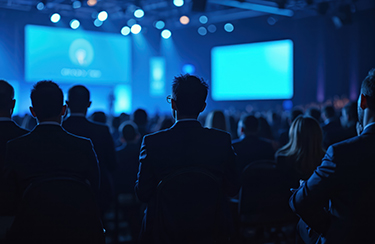 Audience at conference with blue lighting, large screens. People attend presentation, business meeting, corporate seminar, pro lecture in auditorium. Attendees listen to speaker, participate in Audience at conference with blue lighting, large screens. People attend presentation, business meeting, corporate seminar, pro lecture in auditorium. Attendees listen to speaker.