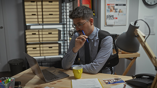 A thoughtful hispanic man with a moustache ponders over documents at his detective office desk, surrounded by files and a laptop. A thoughtful hispanic man with a moustache ponders over documents at his detective office desk, surrounded by files and a laptop.