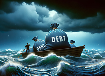 Sinking in Debt. Business man in a sinking boat loaded with bags Sinking in Debt. Business man in a sinking boat loaded with bags
