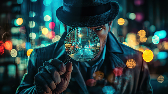 Combination of a detective with a magnifying glass and city at n Combination of a detective with a magnifying glass and city at night, blending investigation with urban mysteries