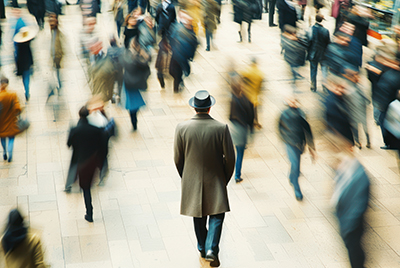 An undercover agent blending into a crowd in a busy city square. An undercover agent blending into a crowd in a busy city square.