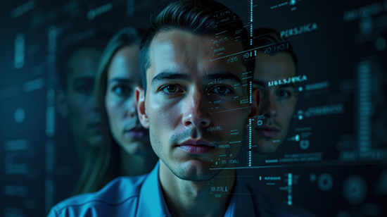 One man in front of a woman with binary/tech background representing identity theft and deepfake technology. 